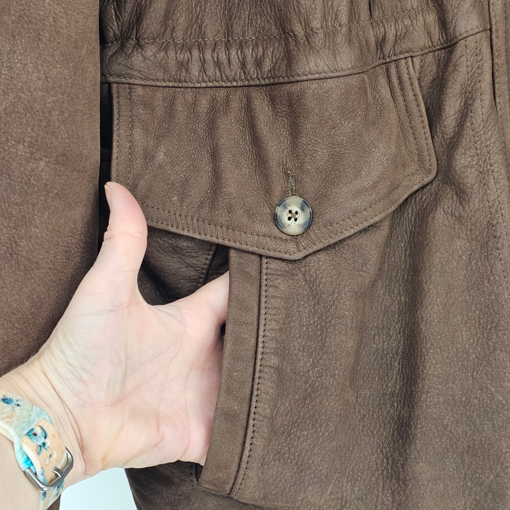 Vintage Lands End Leather Field Jacket L Brown Quilted Wool Lined Cinched Barn - Picture 4 of 13